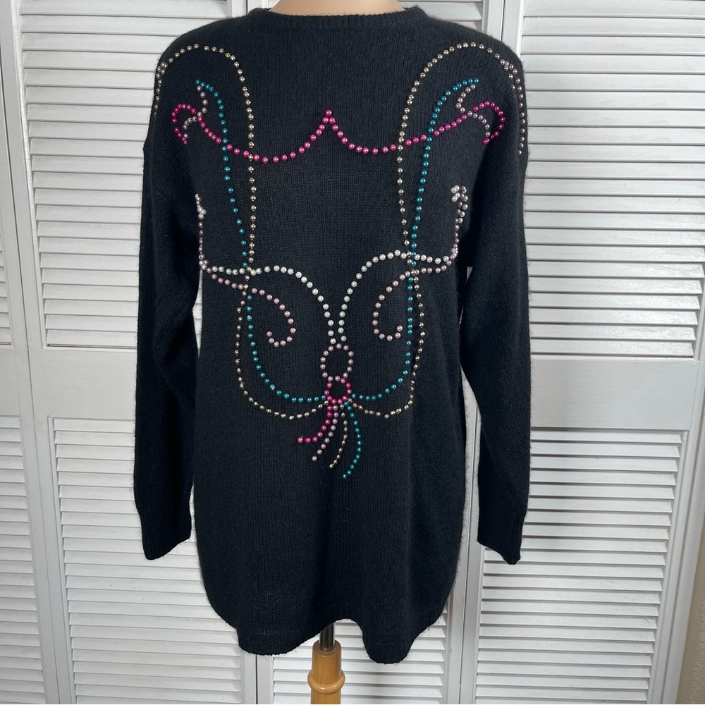 Vintage‎ 80s Amanda Beaded Reindeer Sweater L Black Holiday